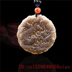 Brown Jade Dragon Phoenix Pendant Amulet Necklace Charm