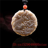 Brown Jade Dragon Phoenix Pendant Amulet Necklace Charm