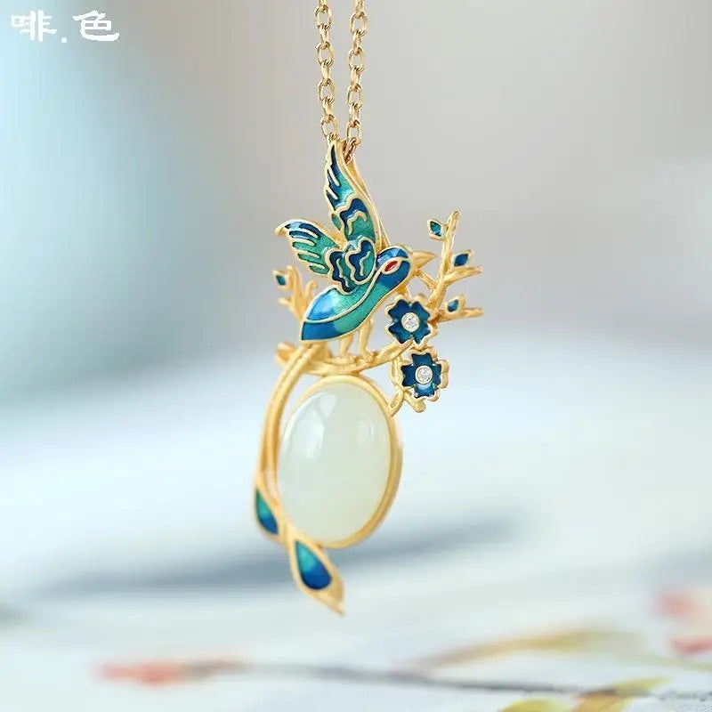 Hetian Jade Egg Surface Water Drop Wedding Brow Cloisonne Pendant