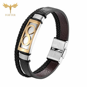 Brown Leather Bracelets Infinity Steel Cuff Accessory Weave Couple Jewelry