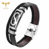 Brown Leather Bracelets Infinity Steel Cuff Accessory Weave Couple Jewelry