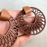 Brown Leather Wood Arrow Drop Earrings Statement Mesh Pattern