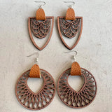 Brown Leather Wood Arrow Drop Earrings Statement Mesh Pattern