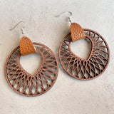 Brown Leather Wood Arrow Drop Earrings Statement Mesh Pattern