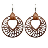 Brown Leather Wood Arrow Drop Earrings Statement Mesh Pattern
