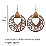 Brown Leather Wood Arrow Drop Earrings Statement Mesh Pattern
