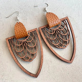 Brown Leather Wood Arrow Drop Earrings Statement Mesh Pattern