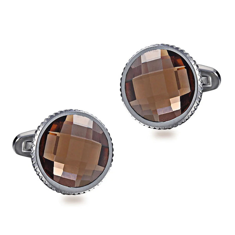 Brown Crystal Serrated Steel Cufflinks