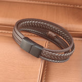Brown Leather Bracelet Stainless Steel Magnet Bangle Men's Punk Christmas