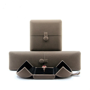 Brown Velvet Jewelry Storage Box Double Opening Snap Button Ring Display Box