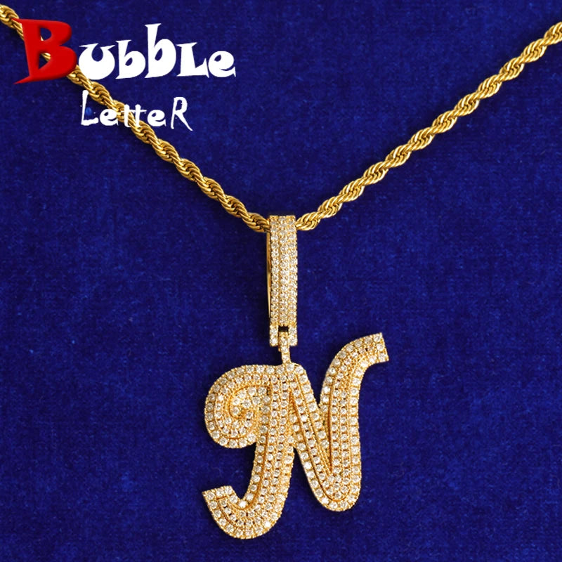 Bubble Initial Letter Necklace Men Real Plated Hip Hop Pendant
