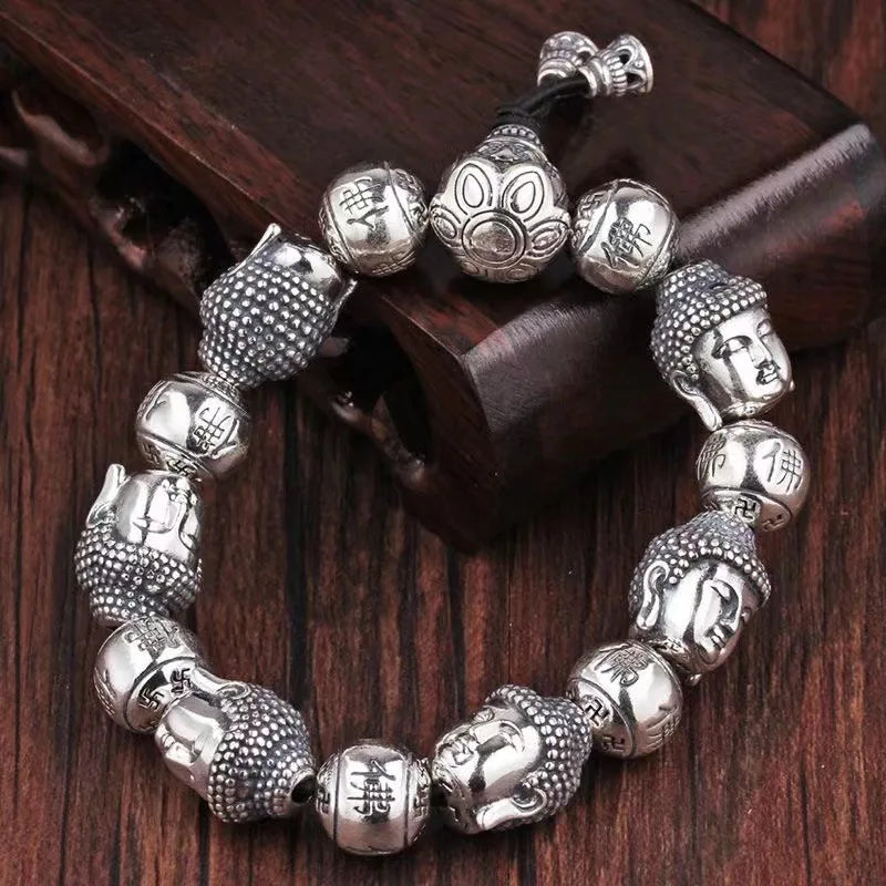 Retro Buddha Bead Bracelet for Men Personality Round Bead Plate Playing Buddha