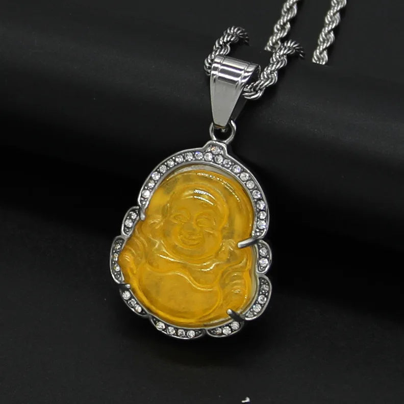 Buddha Pendant Necklace Women Stainless Steel Zircon Crystal Punk Couple Pendant