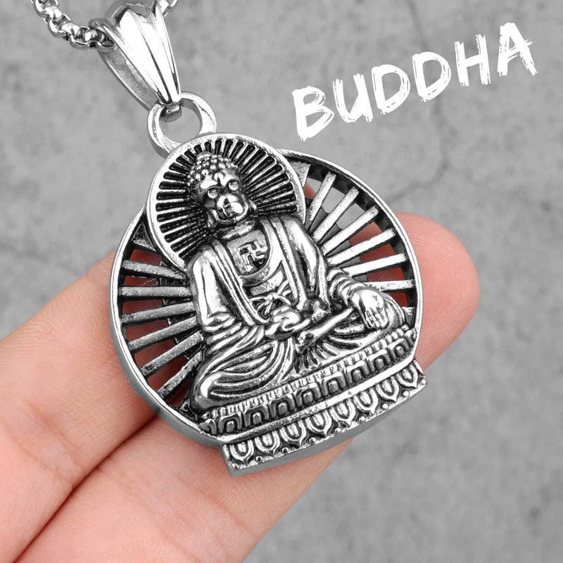 Buddhism Buddha Silver Stainless Steel Men Necklace Pendant Chain for Boyfriend