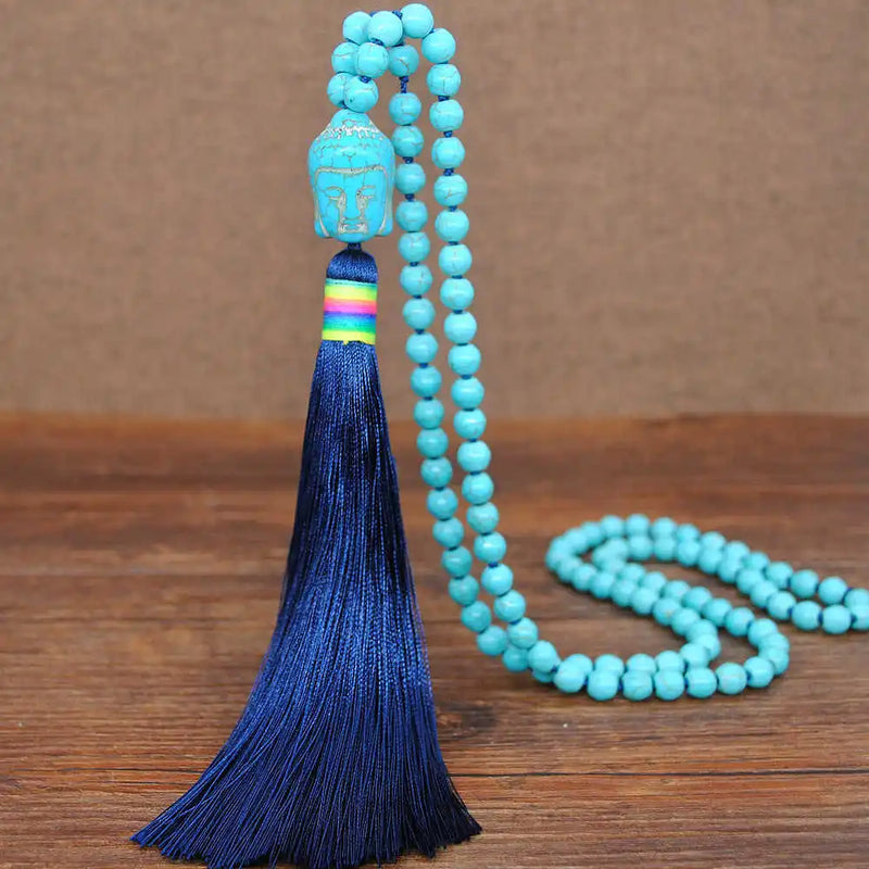Turquoise Buddha Head Pendant Tassel Necklace