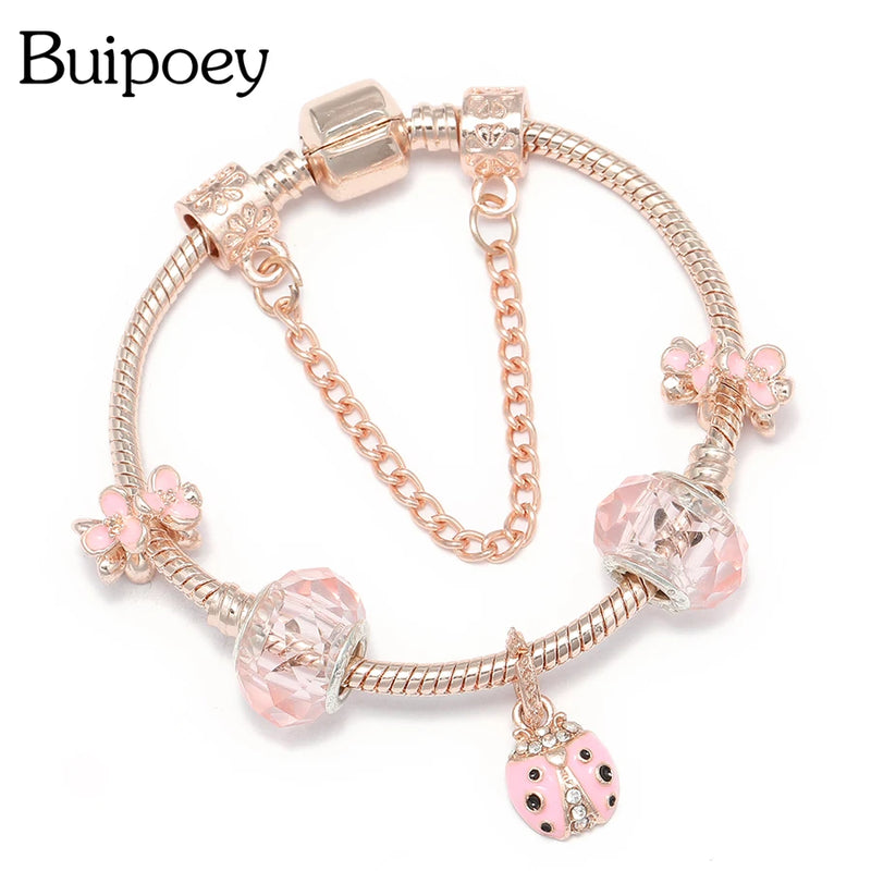 Ladybug Flowers Beaded Glass Bangle Charm Bracelet