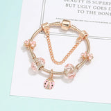 Ladybug Flowers Beaded Glass Bangle Charm Bracelet