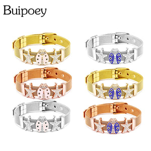 Mesh Stainless Steel Ladybug Stars Charm Bracelet Bangle