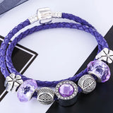 Purple Rhinestone Leather Bracelet Women's Bangle Double Fine Jewelry