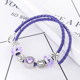 Purple Rhinestone Leather Bracelet Women's Bangle Double Fine Jewelry