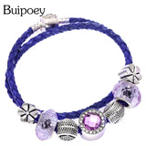 Purple Rhinestone Leather Bracelet Women's Bangle Double Fine Jewelry