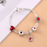 Red Mahjong Pendant Snake Chain Bracelet LOVE Poker Beaded Silver Bracelet