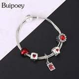 Red Mahjong Pendant Snake Chain Bracelet LOVE Poker Beaded Silver Bracelet