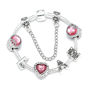 Pink Heart Crystal LOVE Beaded Letter Charm Bracelets For Women