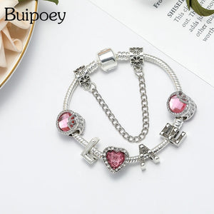 Pink Heart Crystal LOVE Beaded Letter Charm Bracelets For Women