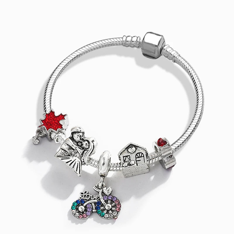 Unicorn Charm Bracelet Heart-shaped Beads Silver Snake Chain Bangle