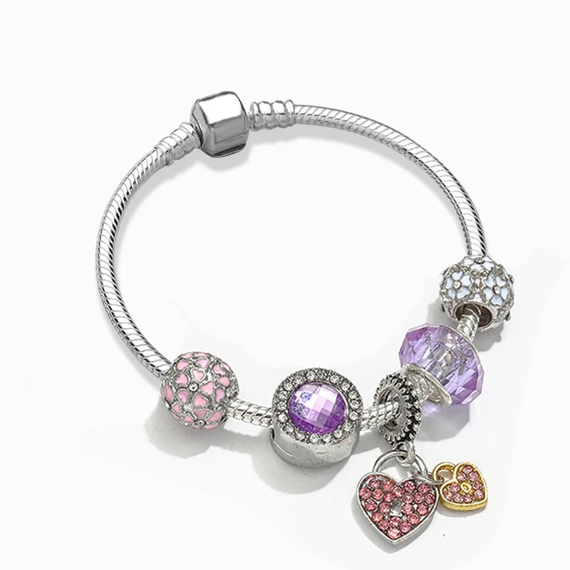 Unicorn Charm Bracelet Heart-shaped Beads Silver Snake Chain Bangle