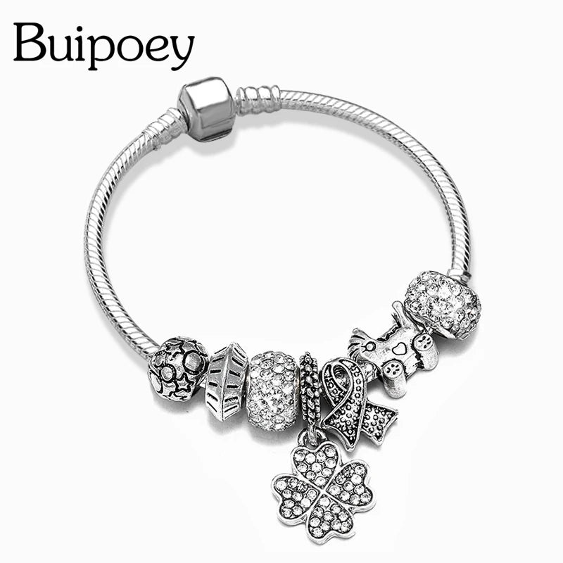 Unicorn Charm Bracelet Heart-shaped Beads Silver Snake Chain Bangle