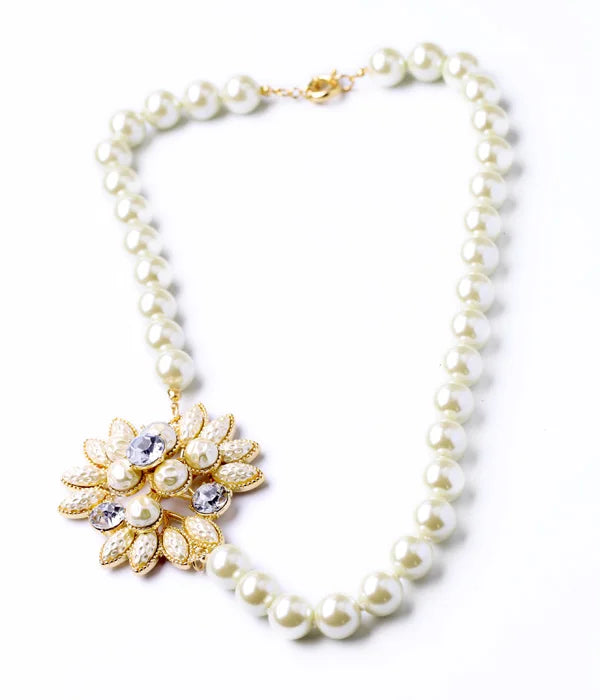 Simulated Pearls Flower Pendant Necklace For Women Wedding