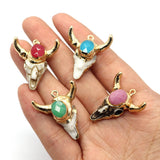 Bull Head Pendant Charms DIY Necklace Resin Inlaid Stone Crystal Skull Cow