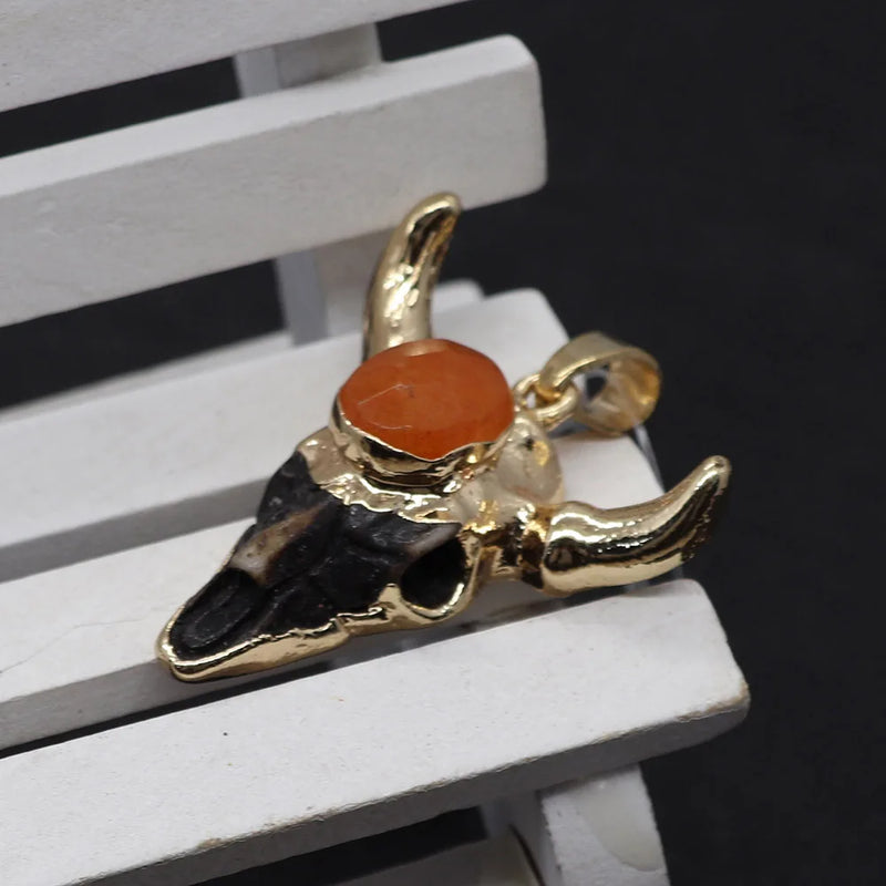 Bull Head Pendant Charms DIY Necklace Resin Inlaid Stone Crystal Skull Cow