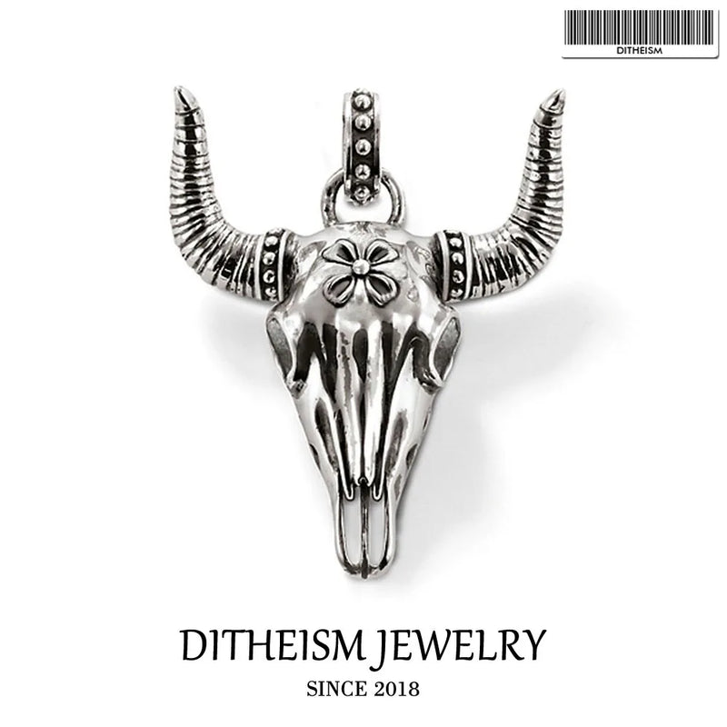 Bulls Head Skull Pendant 925 Sterling Silver Blackened Punk Gift