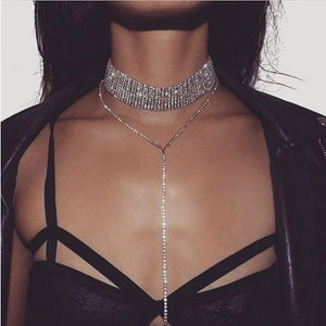 Rhinestone Choker Crystal Gem Necklace Glitter Long Chain Jewelry