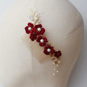 Burgundy Flower Head Piece Hair Comb Women Brides Evening Party Dress Hairpin