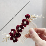 Burgundy Flower Head Piece Hair Comb Women Brides Evening Party Dress Hairpin
