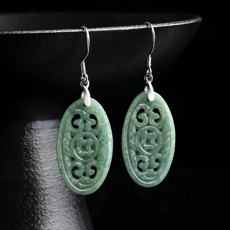 Burmese Jade Earrings Green Stone Amulet 925 Silver Natural Jadeite