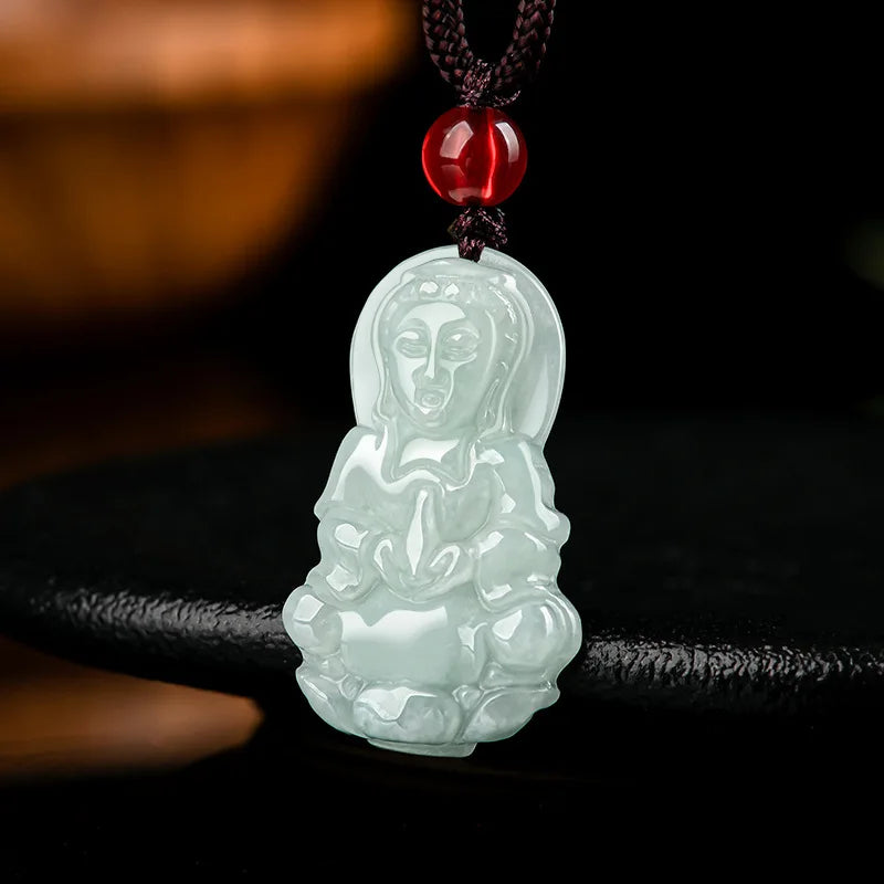Burmese Jade Guanyin Pendant Necklace Natural Emerald Amulet