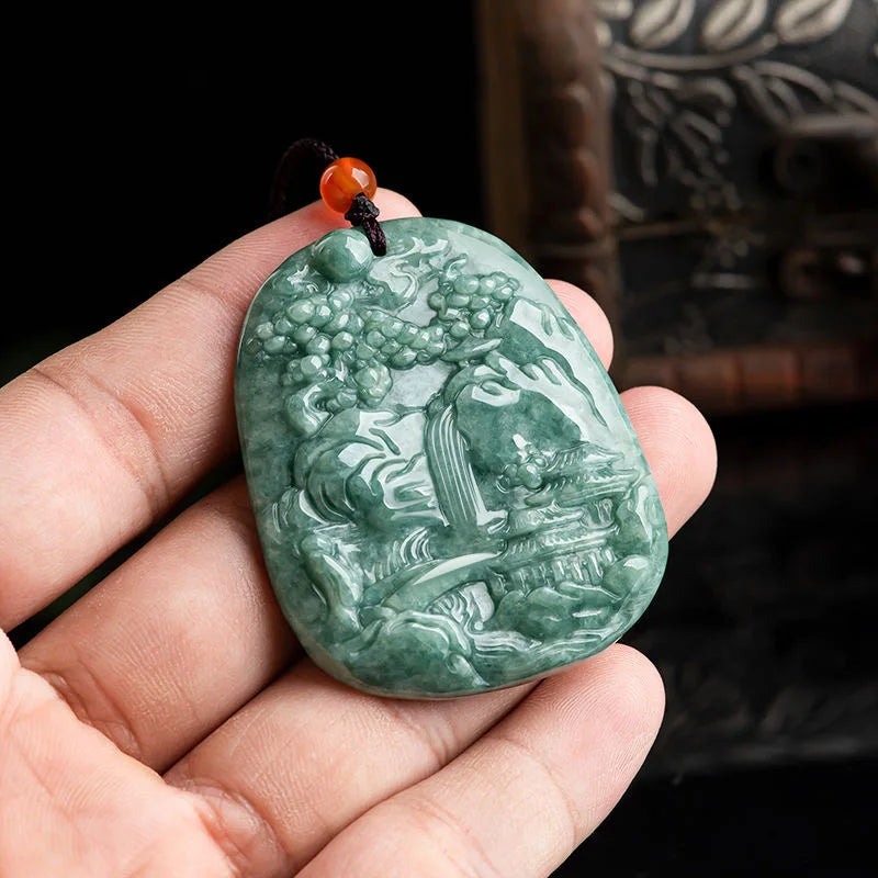 Burmese Jade Landscape Pendant Green Talismans Men Vintage Necklace