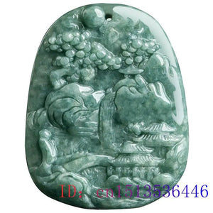 Burmese Jade Landscape Pendant Green Talismans Men Vintage Necklace