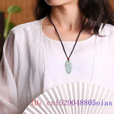 Burmese Jade Leaf Pendant Natural Gemstone Necklace Carved Vintage Jewelry