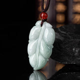 Burmese Jade Leaf Pendant Natural Gemstone Necklace Carved Vintage Jewelry