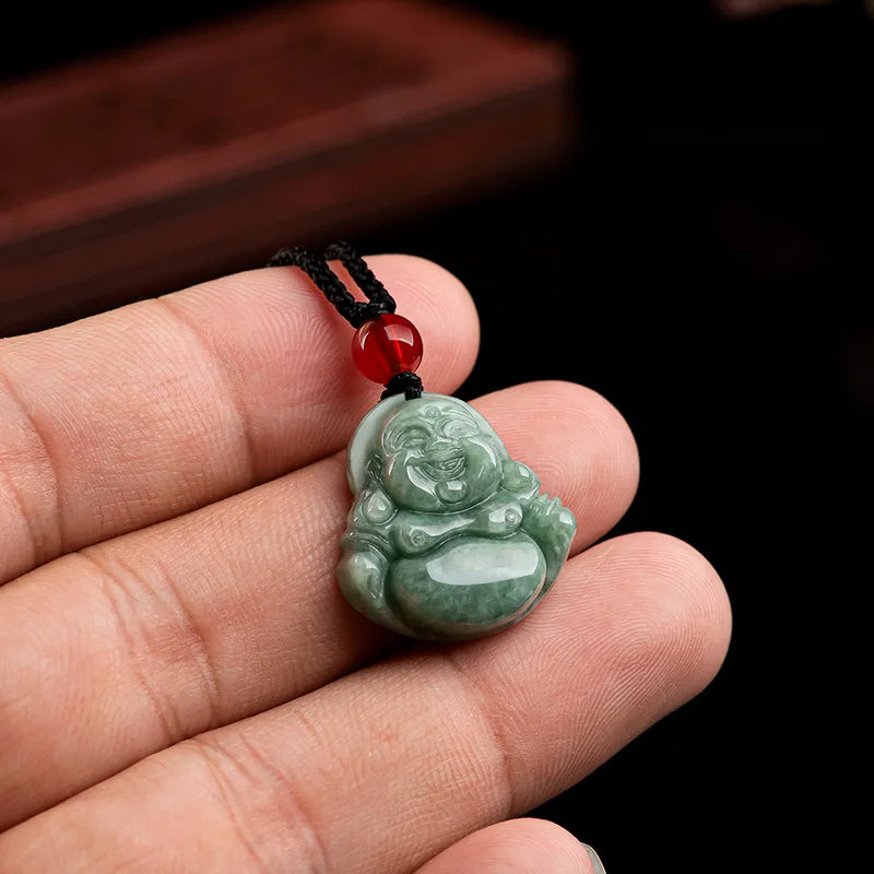 Burmese Jade Maitreya Pendant with Emerald Necklace