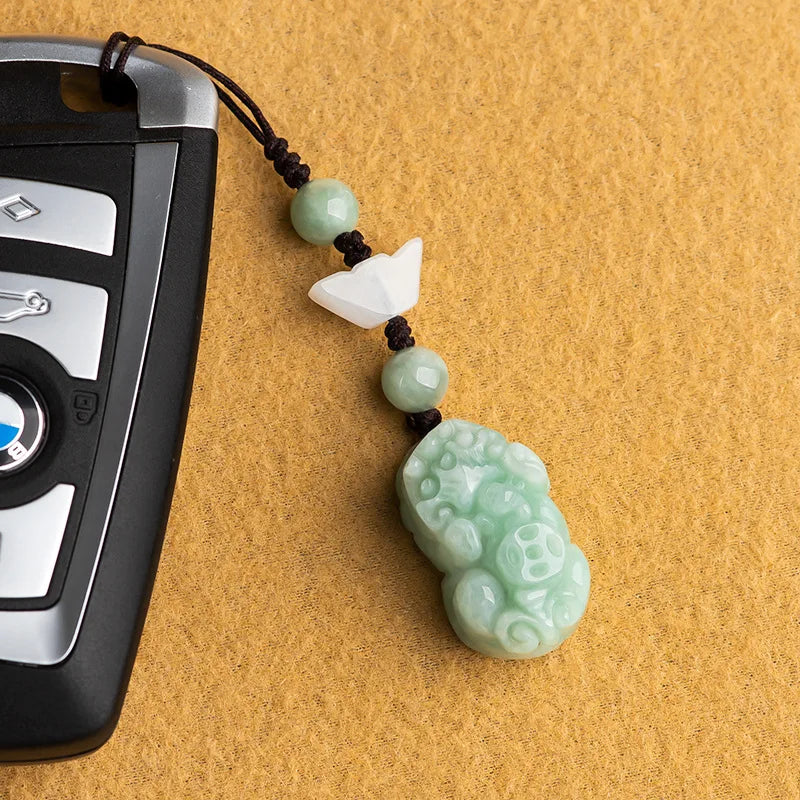 Burmese Jade Pixiu Keychain Strap Green Phone Charm Natural Wristlet