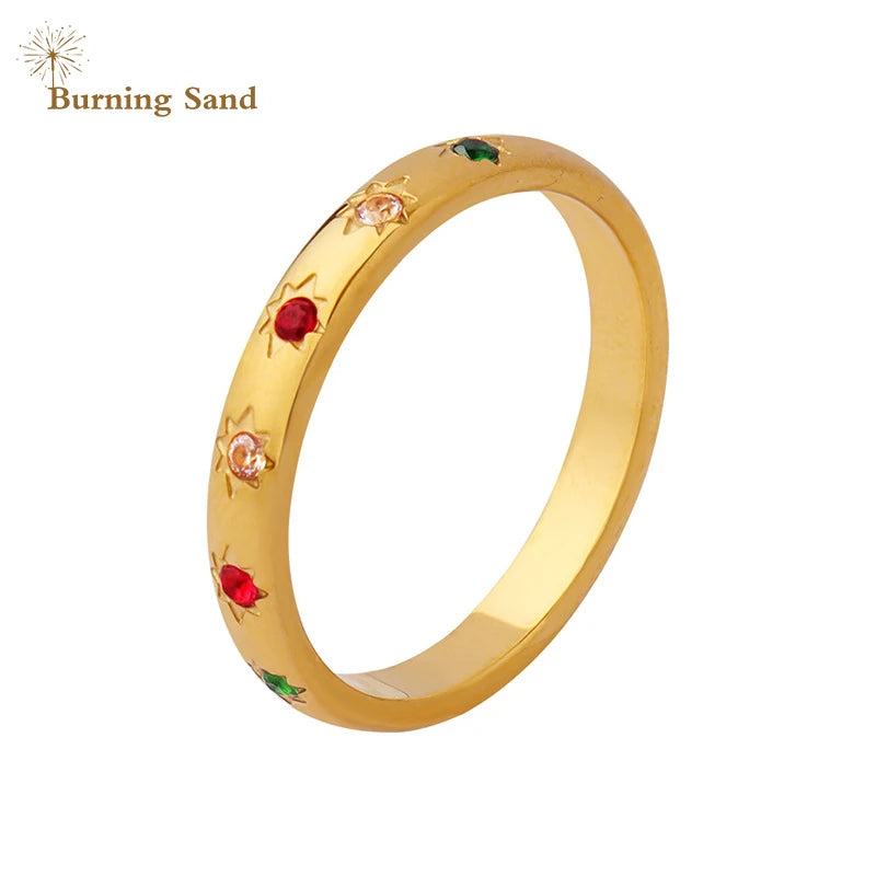Burning Sand Style Titanium Steel Plain Ring Inlaid Red Green Zircon