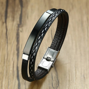 Men's Stainless Steel Leather Charm Bracelet Adjustable Length