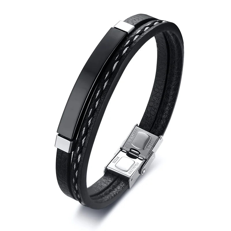 Men's Stainless Steel Leather Charm Bracelet Adjustable Length